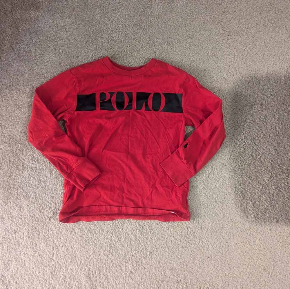 Ralph Lauren Big Boys Red Long Sleeve Shirt with Black Logo Size Small 8